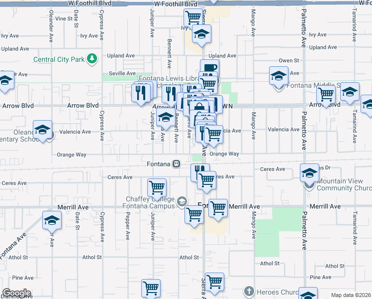 map of restaurants, bars, coffee shops, grocery stores, and more near 8659 Bennett Avenue in Fontana