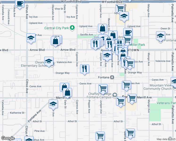 map of restaurants, bars, coffee shops, grocery stores, and more near 16594 Orange Way in Fontana