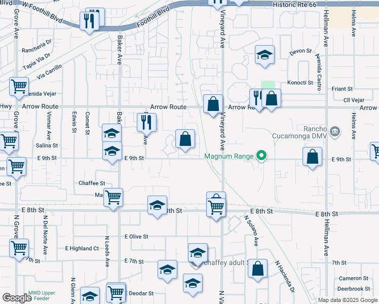 map of restaurants, bars, coffee shops, grocery stores, and more near 8768B East 9th Street in Rancho Cucamonga