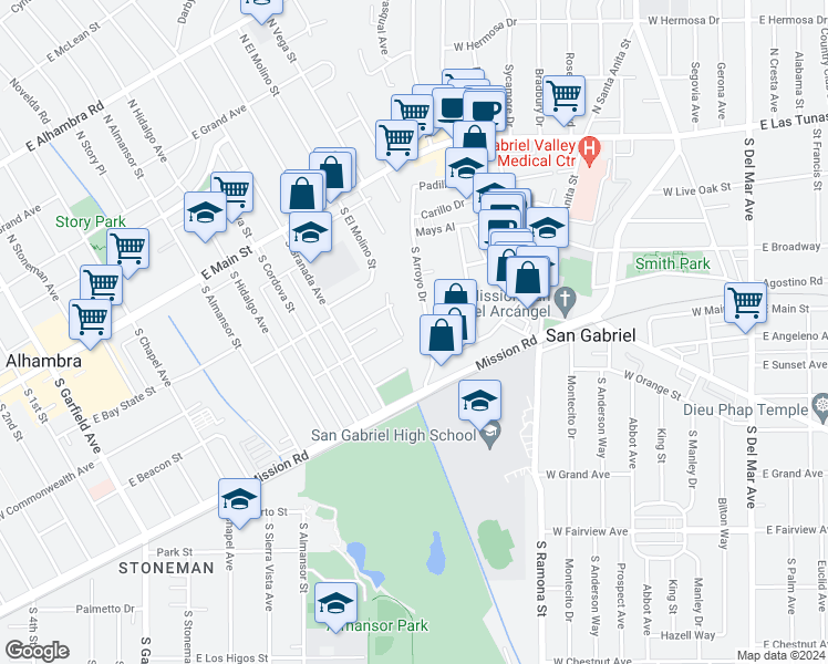 map of restaurants, bars, coffee shops, grocery stores, and more near 343 South Arroyo Drive in San Gabriel