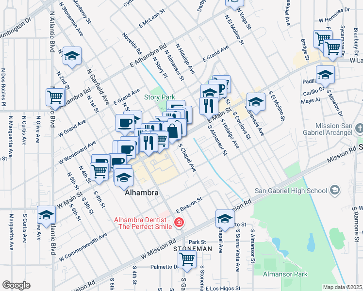 map of restaurants, bars, coffee shops, grocery stores, and more near 243 East Main Street in Alhambra