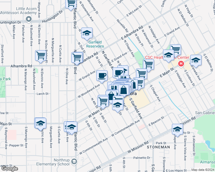 map of restaurants, bars, coffee shops, grocery stores, and more near 123 North 1st Street in Alhambra