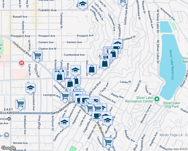 map of restaurants, bars, coffee shops, grocery stores, and more near 3919 Fernwood Avenue in Los Angeles