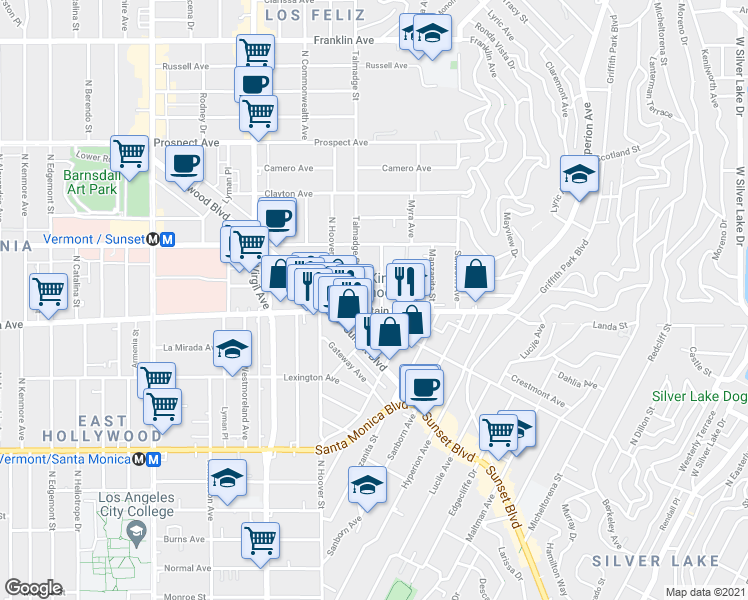 map of restaurants, bars, coffee shops, grocery stores, and more near 1322 Talmadge Street in Los Angeles