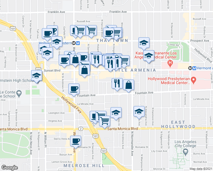 map of restaurants, bars, coffee shops, grocery stores, and more near 5246 De Longpre Avenue in Los Angeles