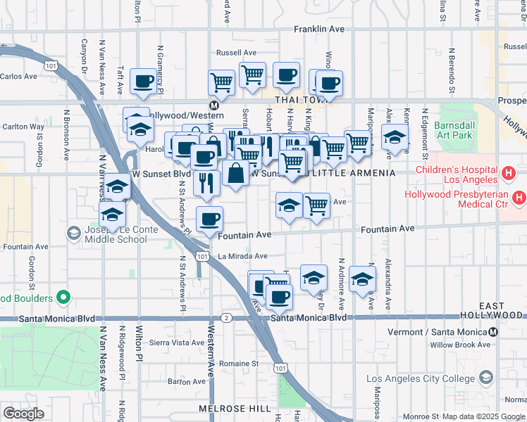 map of restaurants, bars, coffee shops, grocery stores, and more near 1394 North Serrano Avenue in Los Angeles