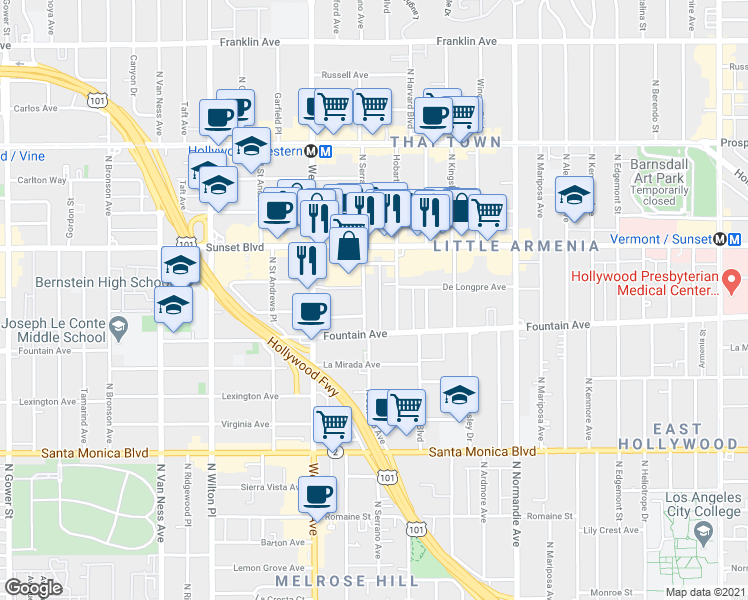 map of restaurants, bars, coffee shops, grocery stores, and more near 1394 North Serrano Avenue in Los Angeles
