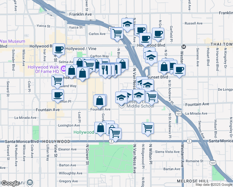 map of restaurants, bars, coffee shops, grocery stores, and more near 1421 North Bronson Avenue in Los Angeles
