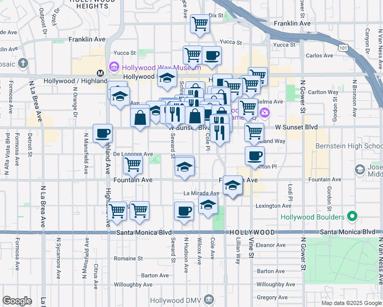 map of restaurants, bars, coffee shops, grocery stores, and more near 1415 North Hudson Avenue in Los Angeles