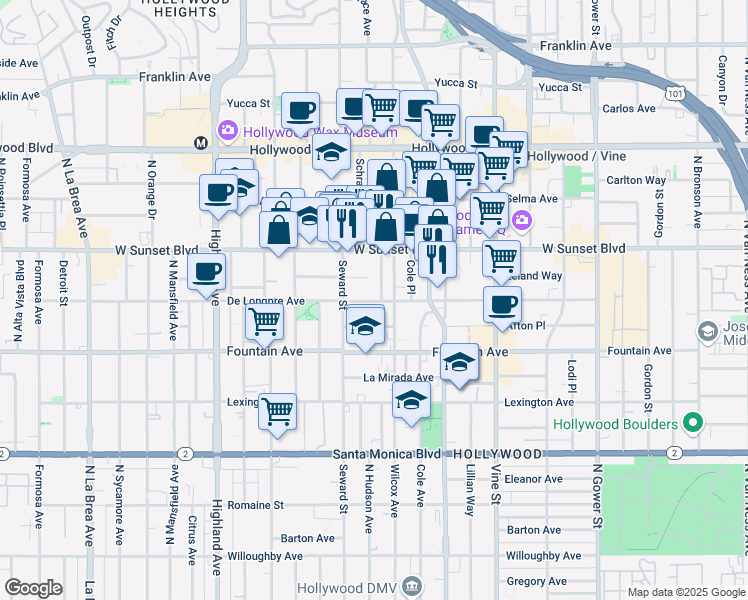 map of restaurants, bars, coffee shops, grocery stores, and more near 1415 North Hudson Avenue in Los Angeles