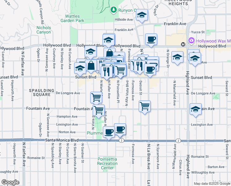 map of restaurants, bars, coffee shops, grocery stores, and more near 1419 North Poinsettia Place in Los Angeles