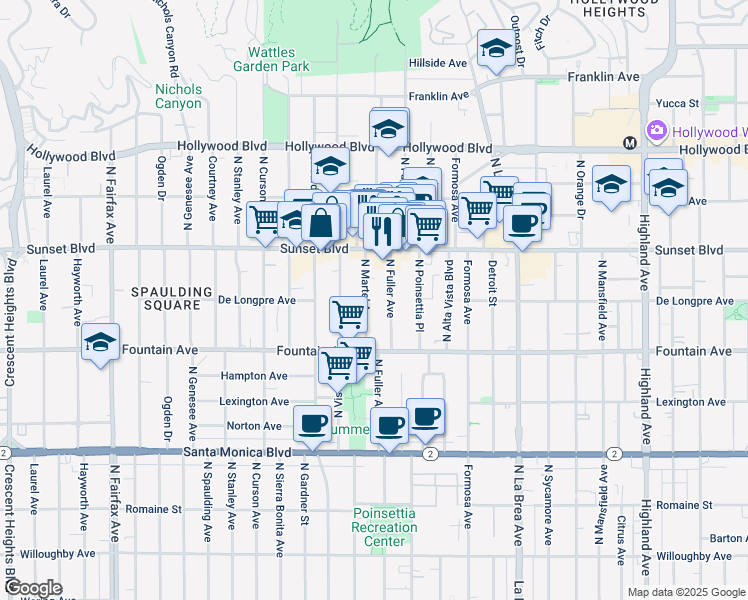 map of restaurants, bars, coffee shops, grocery stores, and more near 1411 North Fuller Avenue in Los Angeles