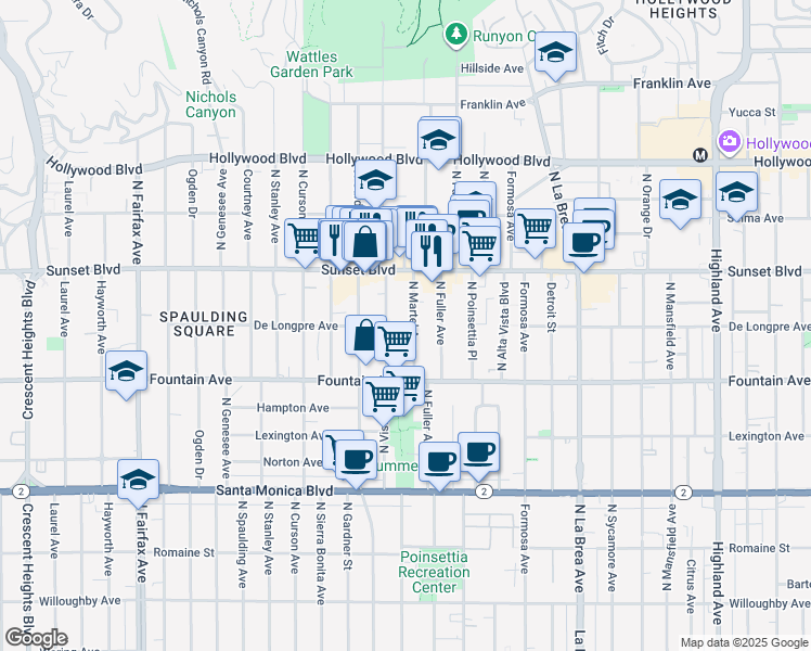 map of restaurants, bars, coffee shops, grocery stores, and more near 1416 North Vista Street in Los Angeles