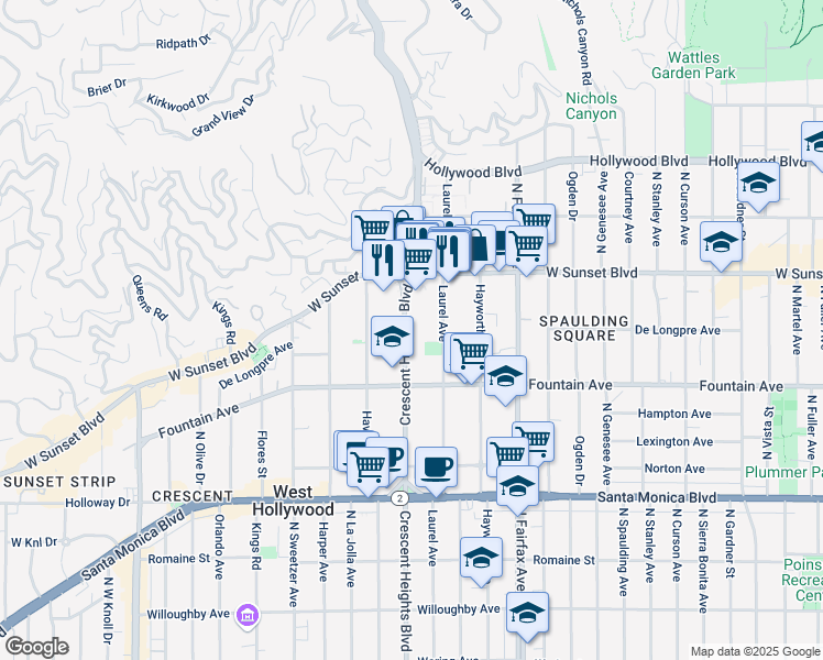 map of restaurants, bars, coffee shops, grocery stores, and more near 1401 North Laurel Avenue in West Hollywood