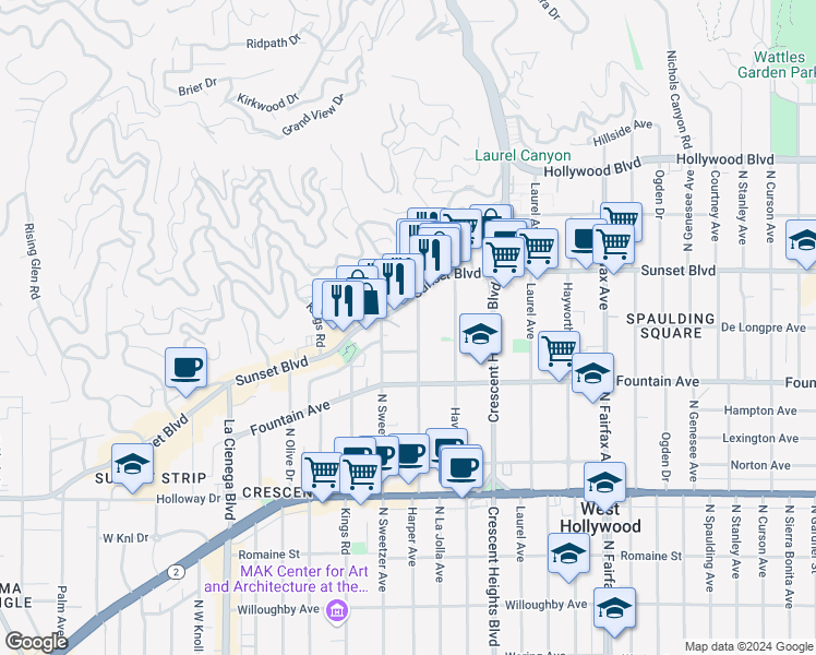 map of restaurants, bars, coffee shops, grocery stores, and more near 8272 Sunset Boulevard in West Hollywood