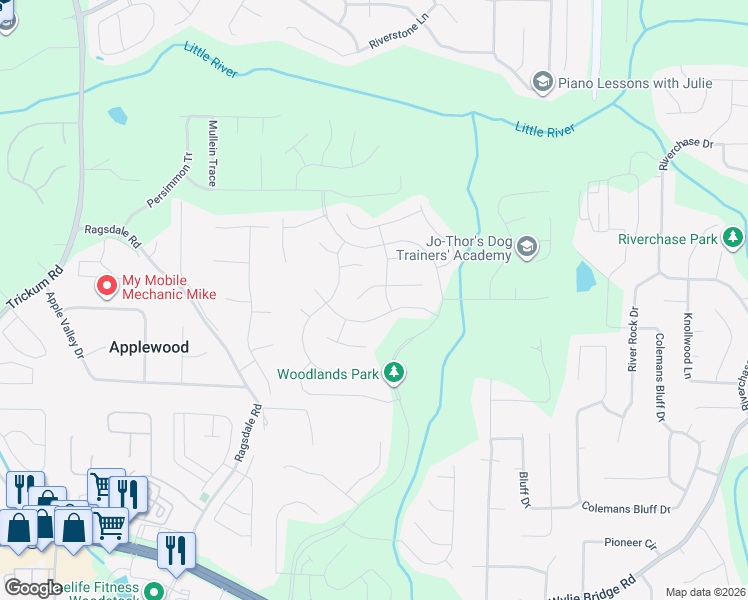 map of restaurants, bars, coffee shops, grocery stores, and more near 807 Lazarus Drive in Woodstock