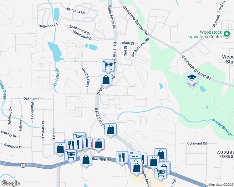 map of restaurants, bars, coffee shops, grocery stores, and more near 840 Red Barn Road in Acworth