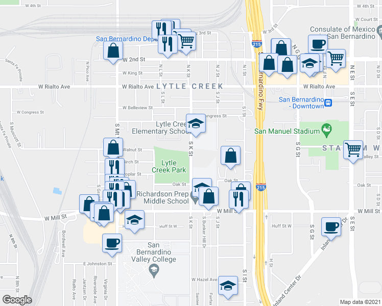 map of restaurants, bars, coffee shops, grocery stores, and more near 306-398 South K Street in San Bernardino