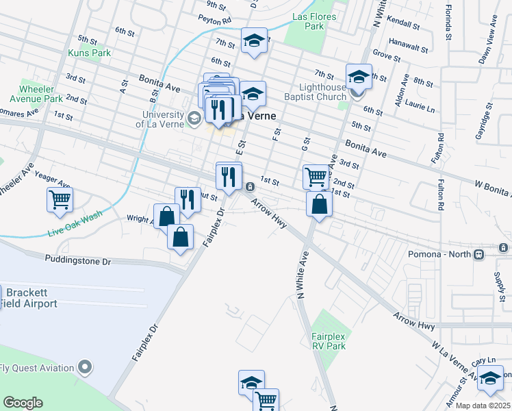 map of restaurants, bars, coffee shops, grocery stores, and more near 2234-2278 Arrow Hwy in La Verne