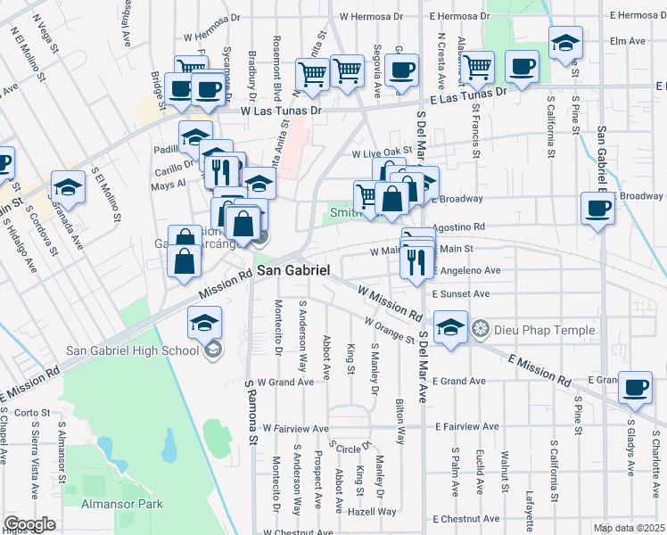 map of restaurants, bars, coffee shops, grocery stores, and more near 429 Madera Street in San Gabriel