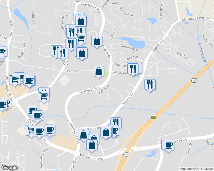 map of restaurants, bars, coffee shops, grocery stores, and more near 3218 Buck Way in Alpharetta