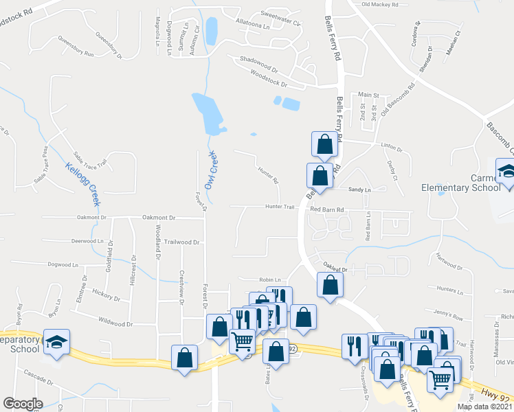 map of restaurants, bars, coffee shops, grocery stores, and more near 1296 Hunter Trail in Acworth
