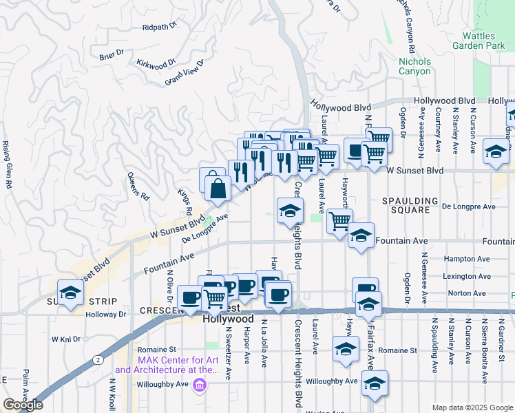 map of restaurants, bars, coffee shops, grocery stores, and more near 1414 North Harper Avenue in West Hollywood