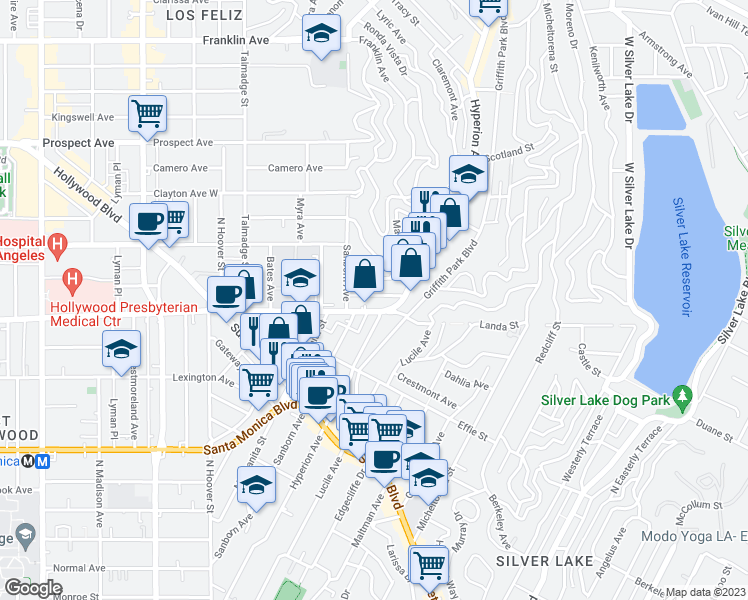 map of restaurants, bars, coffee shops, grocery stores, and more near 3906 Fernwood Avenue in Los Angeles