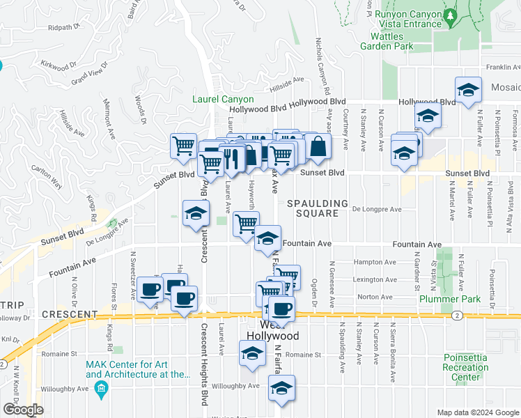 map of restaurants, bars, coffee shops, grocery stores, and more near 1400 Hayworth Avenue in West Hollywood