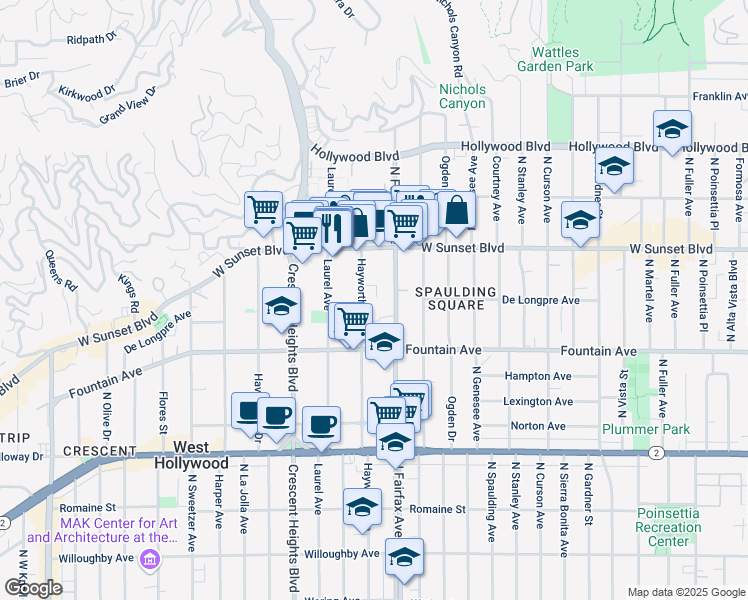 map of restaurants, bars, coffee shops, grocery stores, and more near 1400 North Hayworth Avenue in West Hollywood