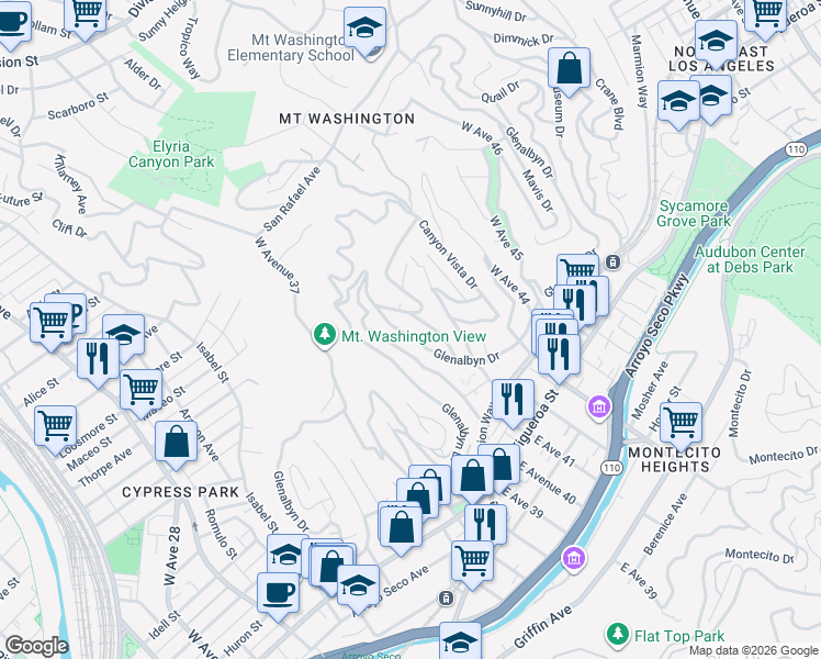 map of restaurants, bars, coffee shops, grocery stores, and more near 4055 Glenalbyn Drive in Los Angeles