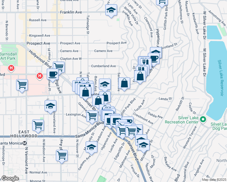 map of restaurants, bars, coffee shops, grocery stores, and more near 1322 Manzanita Street in Los Angeles