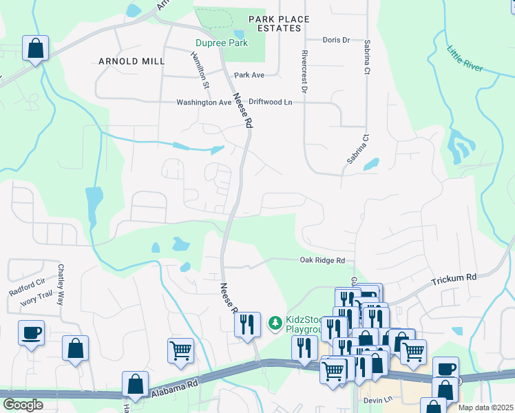 map of restaurants, bars, coffee shops, grocery stores, and more near 115 Neese Farm Drive in Woodstock