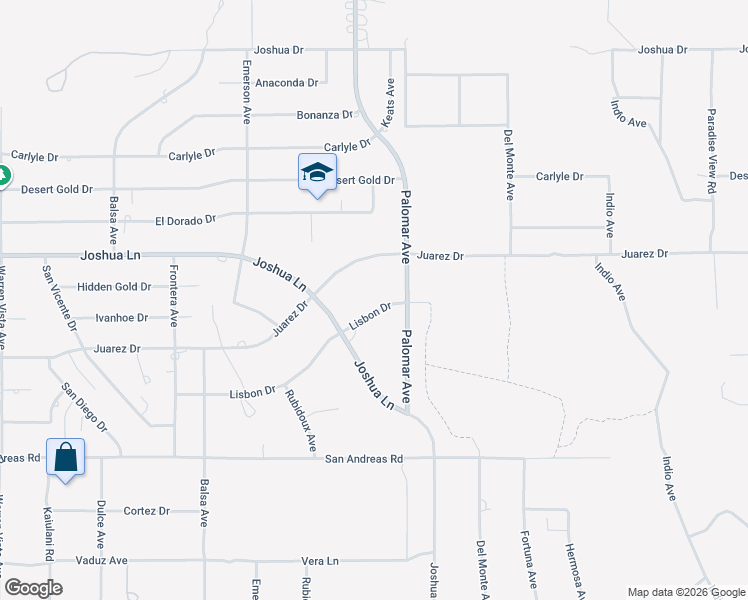 map of restaurants, bars, coffee shops, grocery stores, and more near 58440 Lisbon Drive in Yucca Valley