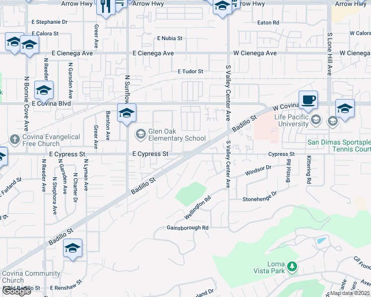 map of restaurants, bars, coffee shops, grocery stores, and more near 1645 Cypress Street in San Dimas
