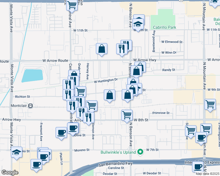 map of restaurants, bars, coffee shops, grocery stores, and more near 1750 West Huntington Drive in Upland