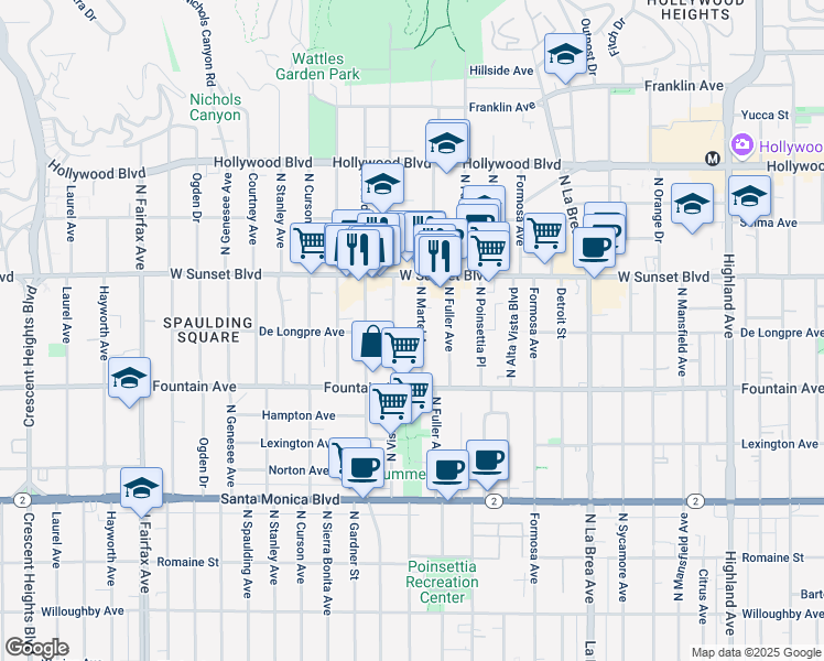 map of restaurants, bars, coffee shops, grocery stores, and more near 1353 North Martel Avenue in Los Angeles