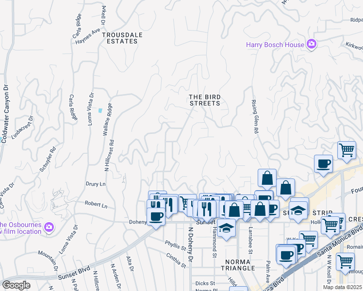 map of restaurants, bars, coffee shops, grocery stores, and more near 1414 Mockingbird Place in Los Angeles