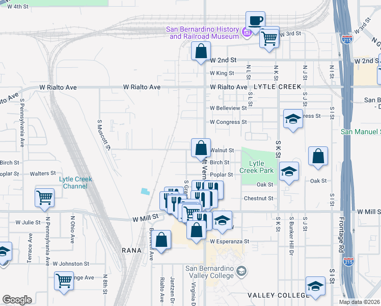 map of restaurants, bars, coffee shops, grocery stores, and more near 1341 Walnut Street in San Bernardino