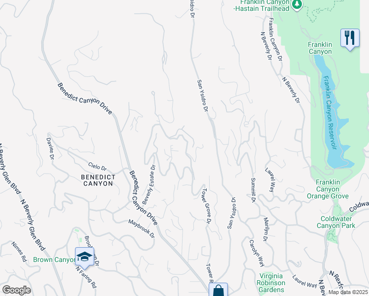 map of restaurants, bars, coffee shops, grocery stores, and more near 1351 Tower Grove Drive in Beverly Hills