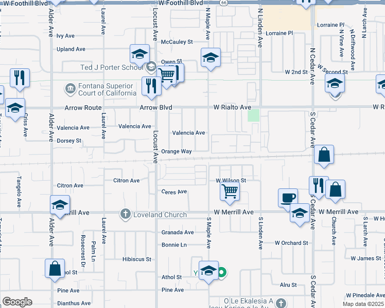 map of restaurants, bars, coffee shops, grocery stores, and more near 18239 Orange Way in Fontana