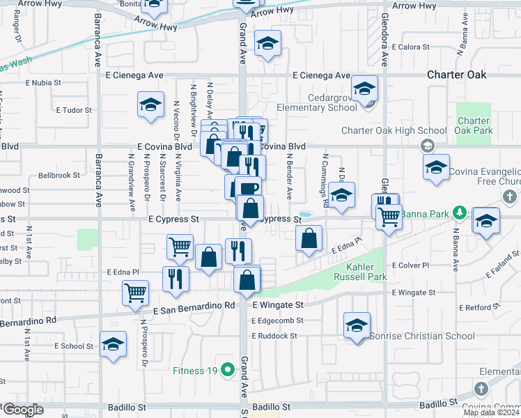 map of restaurants, bars, coffee shops, grocery stores, and more near 19529 East Cypress Street in Covina