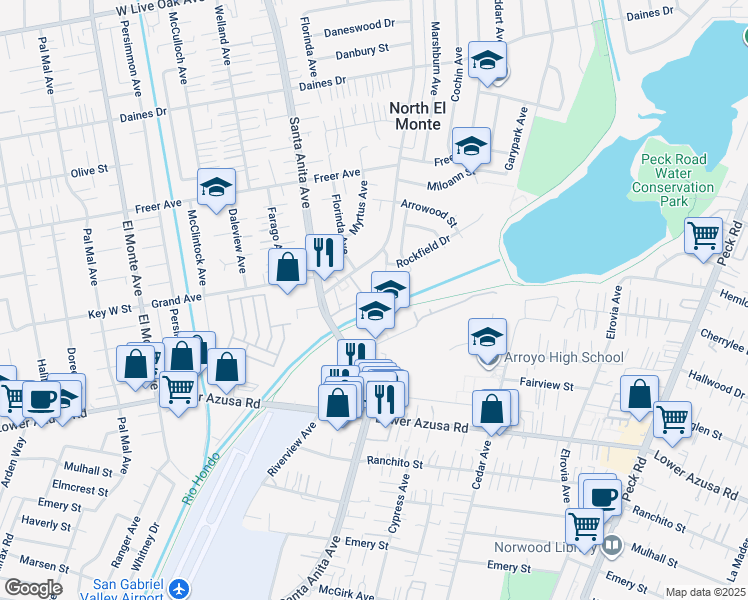 map of restaurants, bars, coffee shops, grocery stores, and more near 5015 Tyler Avenue in Temple City