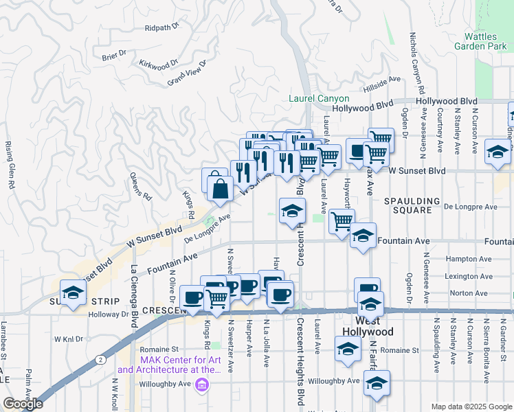 map of restaurants, bars, coffee shops, grocery stores, and more near 1414 North Harper Avenue in Los Angeles