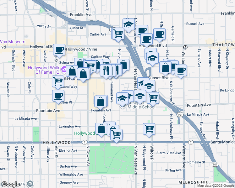 map of restaurants, bars, coffee shops, grocery stores, and more near 1417 North Bronson Avenue in Los Angeles