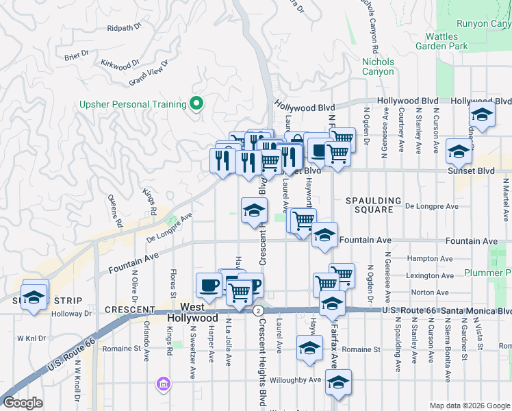 map of restaurants, bars, coffee shops, grocery stores, and more near 1401 North Crescent Heights Boulevard in West Hollywood