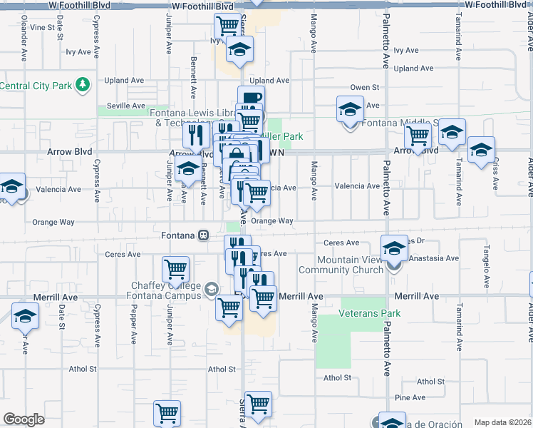 map of restaurants, bars, coffee shops, grocery stores, and more near 8676 Wheeler Avenue in Fontana