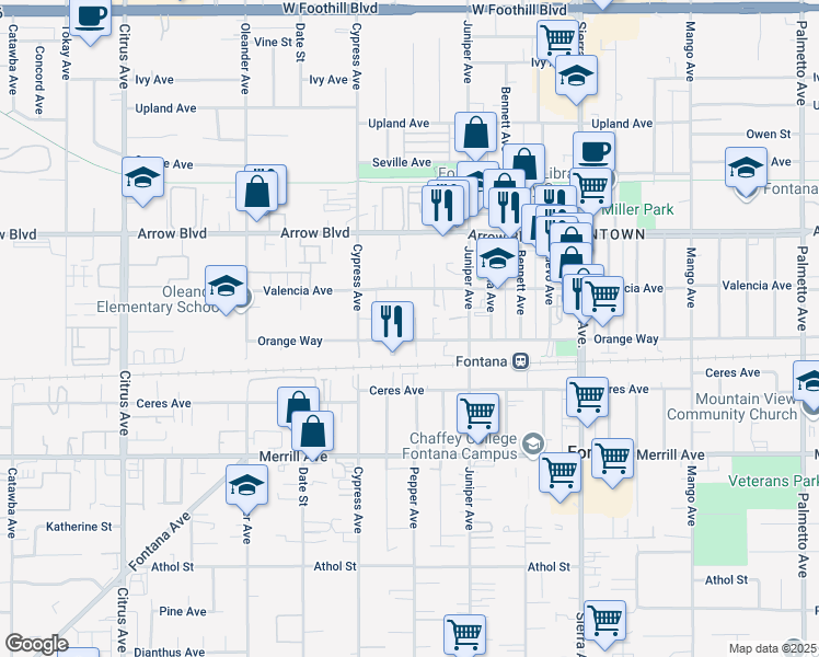 map of restaurants, bars, coffee shops, grocery stores, and more near 16594 Orange Way in Fontana