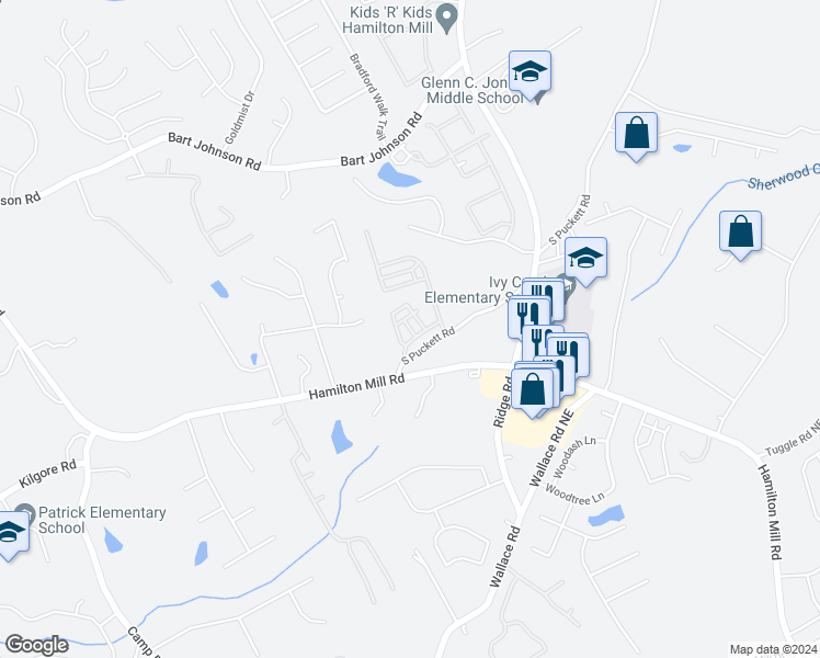 map of restaurants, bars, coffee shops, grocery stores, and more near Salvia Drive in Buford