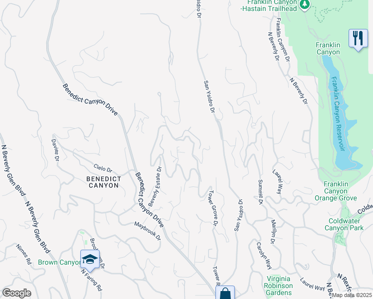 map of restaurants, bars, coffee shops, grocery stores, and more near 1351 Tower Grove Drive in Beverly Hills